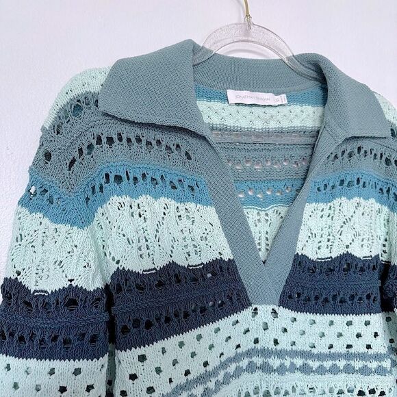 Jonathan Simkhai Roxana  Macrame Blue Striped Crop Crochet Sweater Top V-neck S - Picture 3 of 14